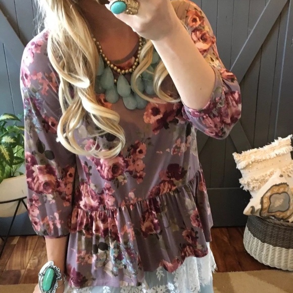 New Boutique Floral 3/4 Sleeve Peasant Blouse Top - Picture 3 of 6